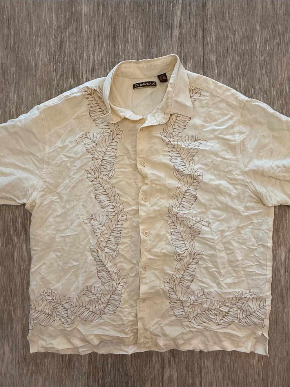 Cubavera Embroidered Palm Leaf Linen Blend Guayabera Shirt XXL Cream